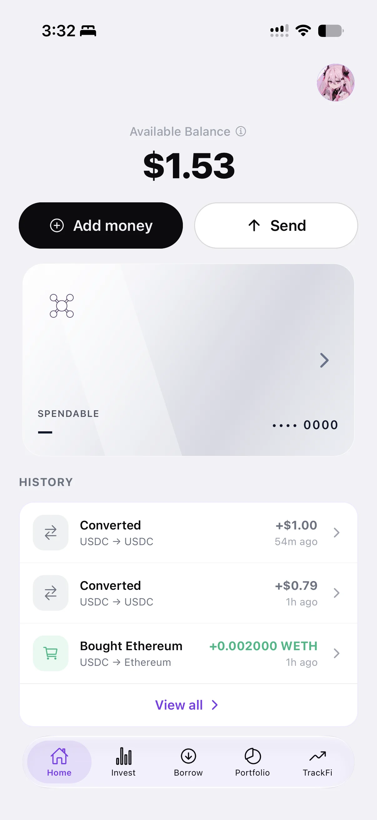 Kura app home screen showing balance, spendable card, and recent activity